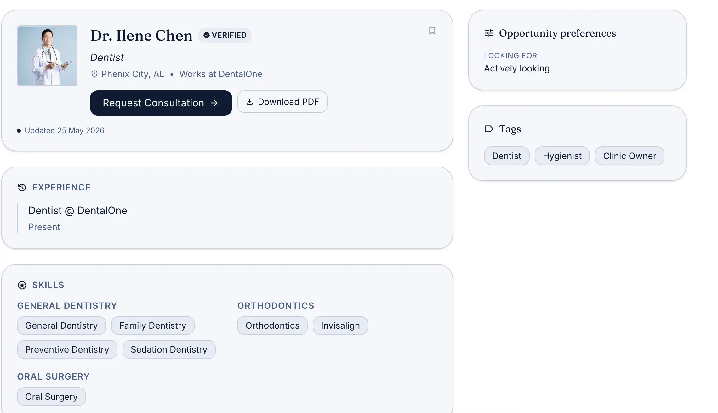 DDS Matchmaker preview of a verified dental professional's profile, showing experience, skills, and opportunity preferences.